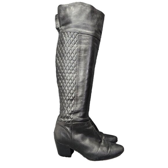 Cole Haan Over the Knee Boots Black Size 8.5 B Inside Zip Block Heel Quilted - Picture 1 of 16
